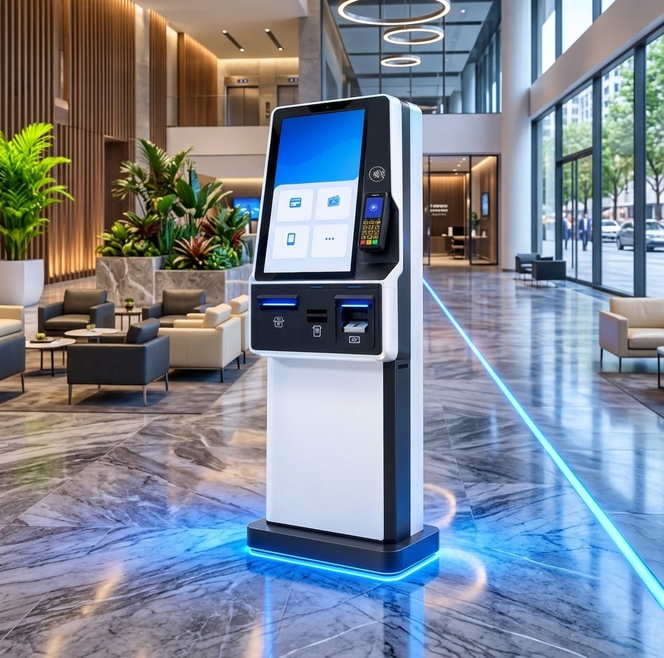 Borne de paiement PAYPOS dans un hall d'accueil