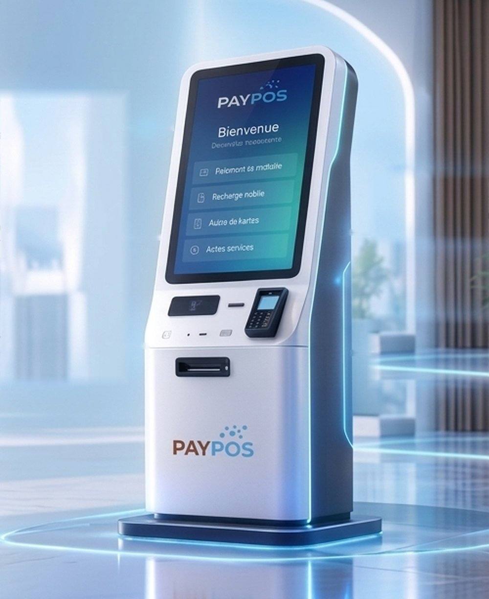 Borne de paiement PAYPOS : écran tactile, lecteur de cartes, imprimante de reçus et paiement sécurisé