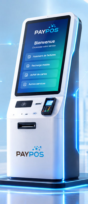 Borne de paiement PAYPOS : écran tactile, lecteur de cartes, imprimante de reçus et paiement sécurisé
