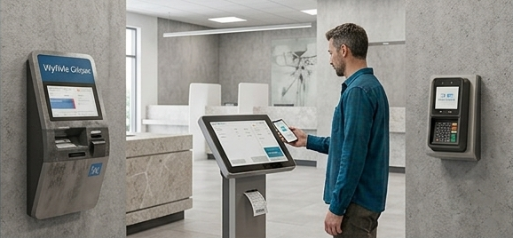 Client payant avec son smartphone sur un terminal, à côté d'une borne murale et d'un TPE