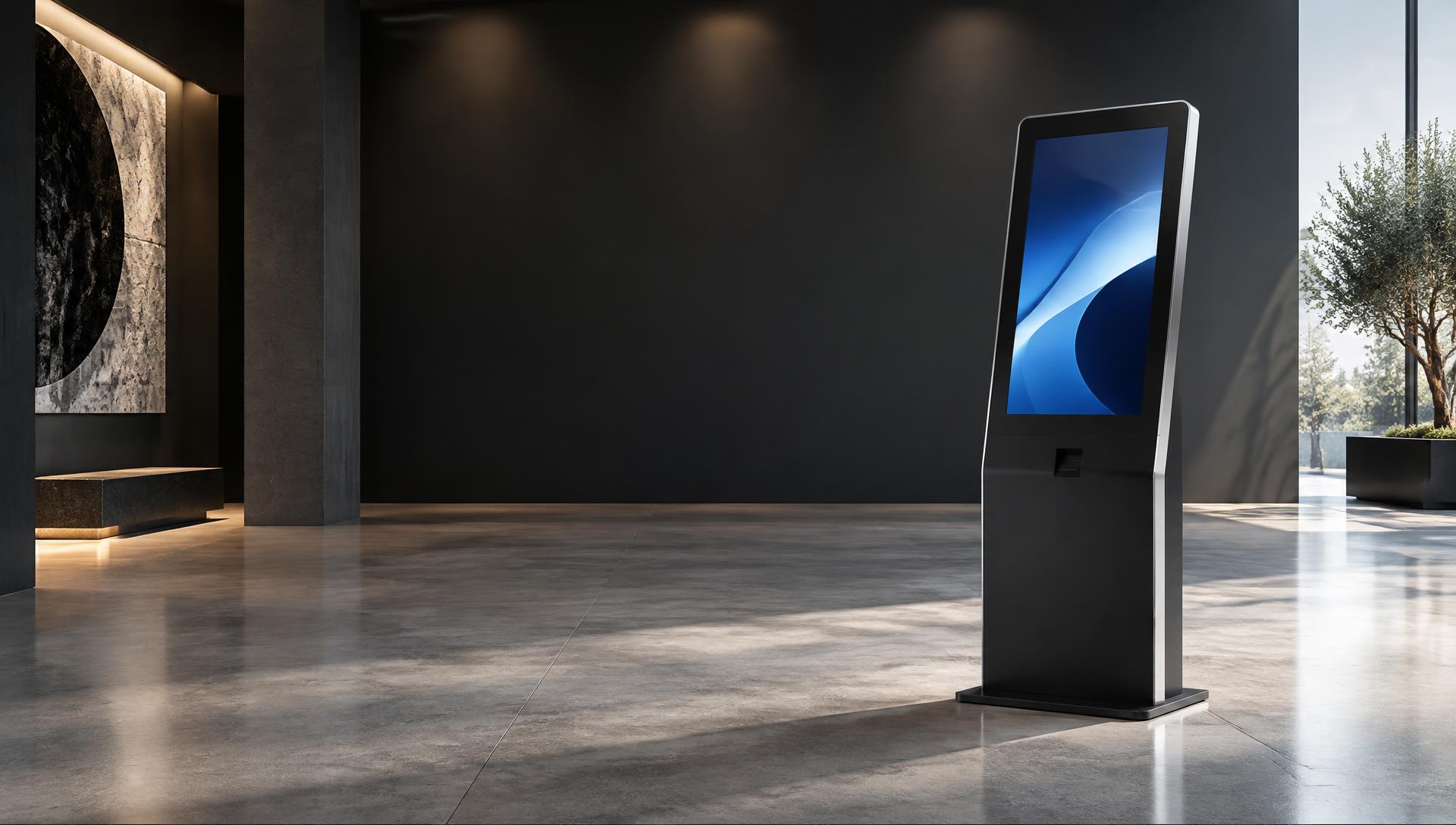 Borne interactive PAYPOS dans un hall d'accueil moderne