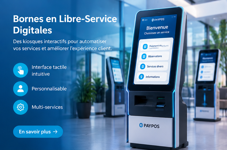Bornes en Libre-Service Digitales : kiosques interactifs pour automatiser vos services et améliorer l'expérience client, interface tactile intuitive, personnalisable, multi-services.