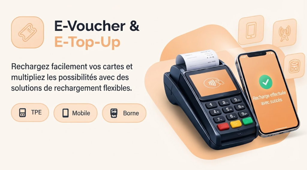 E-Voucher & E-Top-Up : recharge via TPE, mobile et borne.