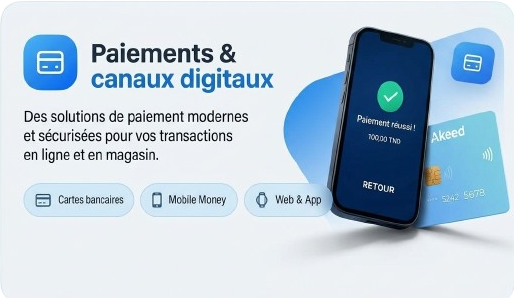 Paiements & canaux digitaux : cartes bancaires, Mobile Money, Web & App.